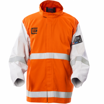 High Visibility Orange Welding Jacket with Grain Leather Sleeves and Reflective Trim Size 2XL Elliotts OPWJ30CST1XXL
