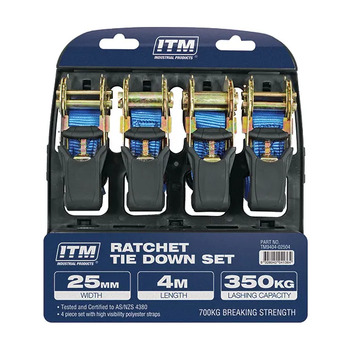 Ratchet Strap, 4 Pack, 25mm Width, 4m Length 350Kg ITM TM9404-02504